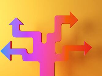 pink arrows pointing different directions on a dark yellow background